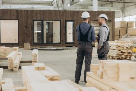 construction-workers-discussing-by-modular-building-factory